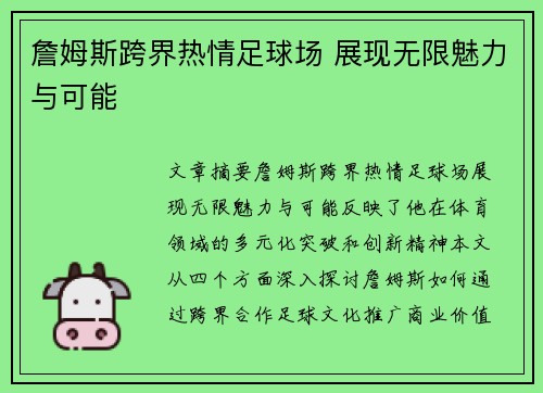 詹姆斯跨界热情足球场 展现无限魅力与可能